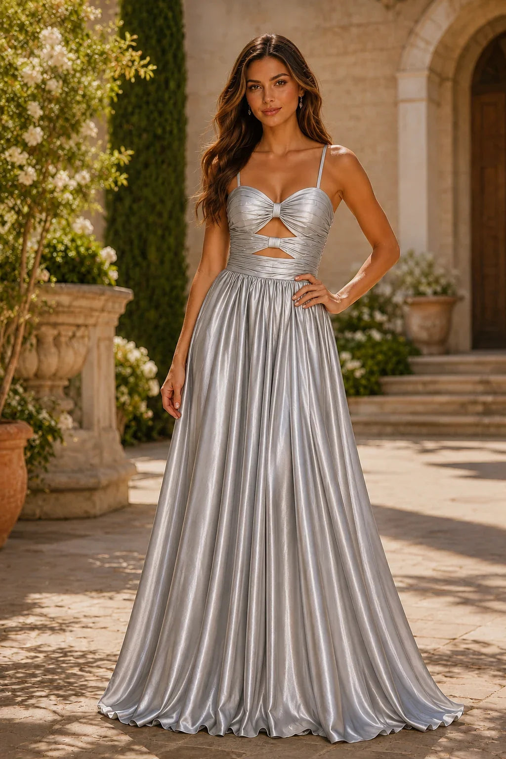 Helmira Spaghetti-Strap Pleated A-Line Gown Prom Dress