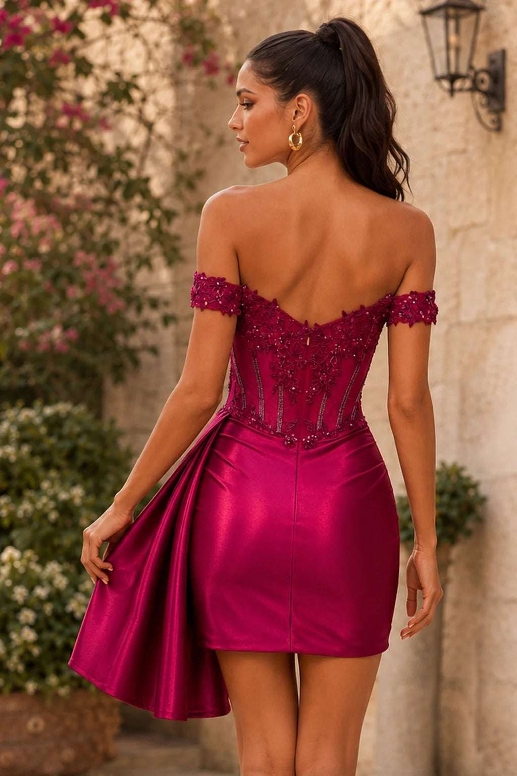 Astra Fuchsia Off-the-Shoulder Beaded Drape Mini Homecoming Dress