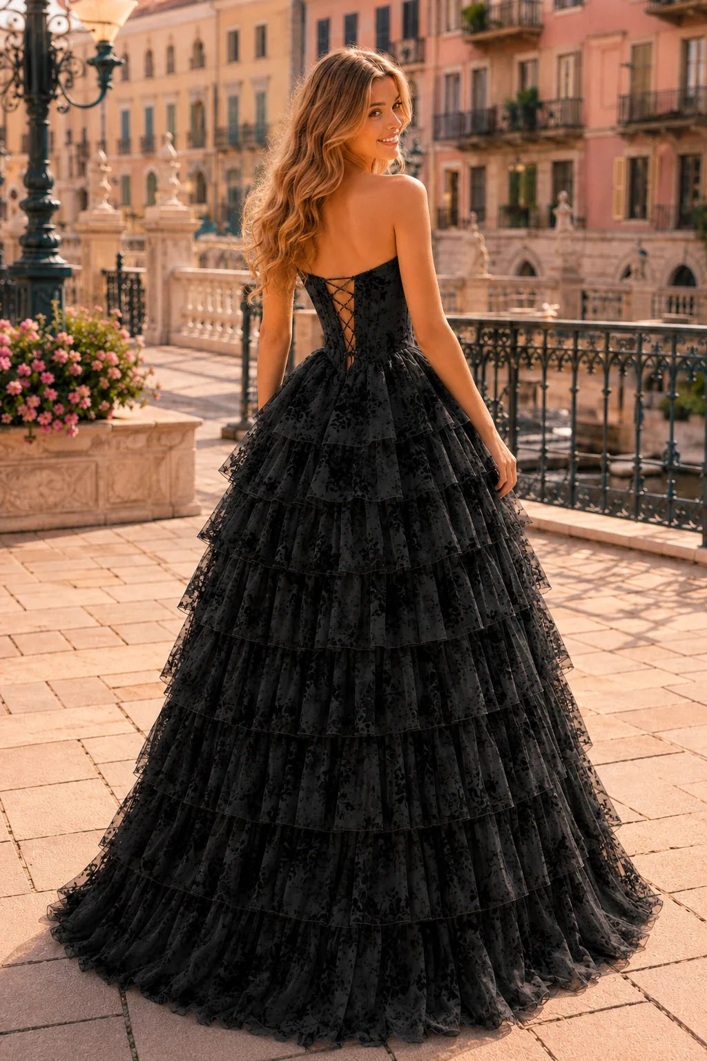 Genevieve Floral Sweetheart Tiered A-Line Prom Dress