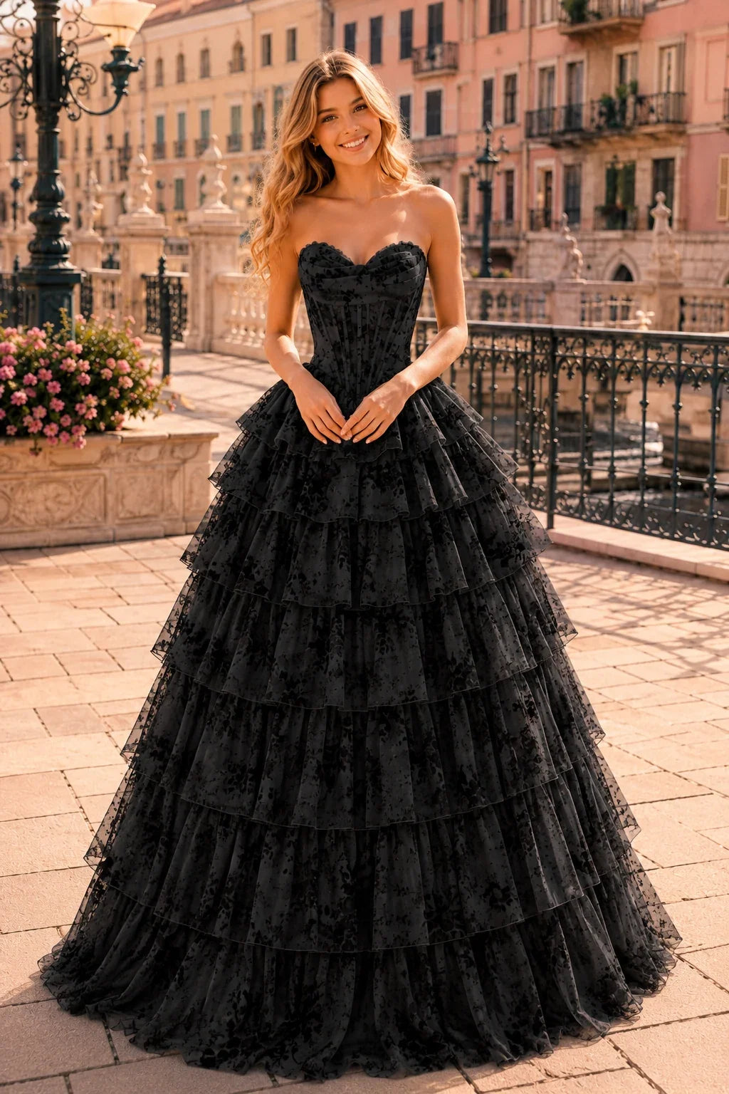 Genevieve Floral Sweetheart Tiered A-Line Prom Dress