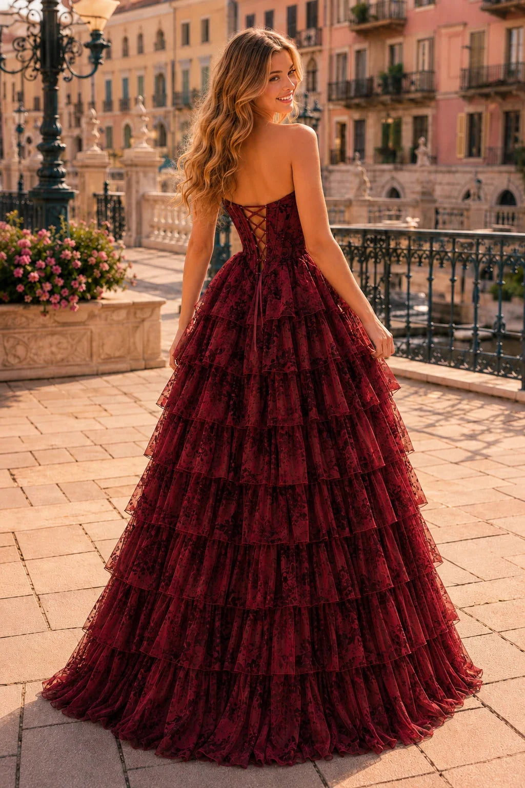 Genevieve Floral Sweetheart Tiered A-Line Prom Dress
