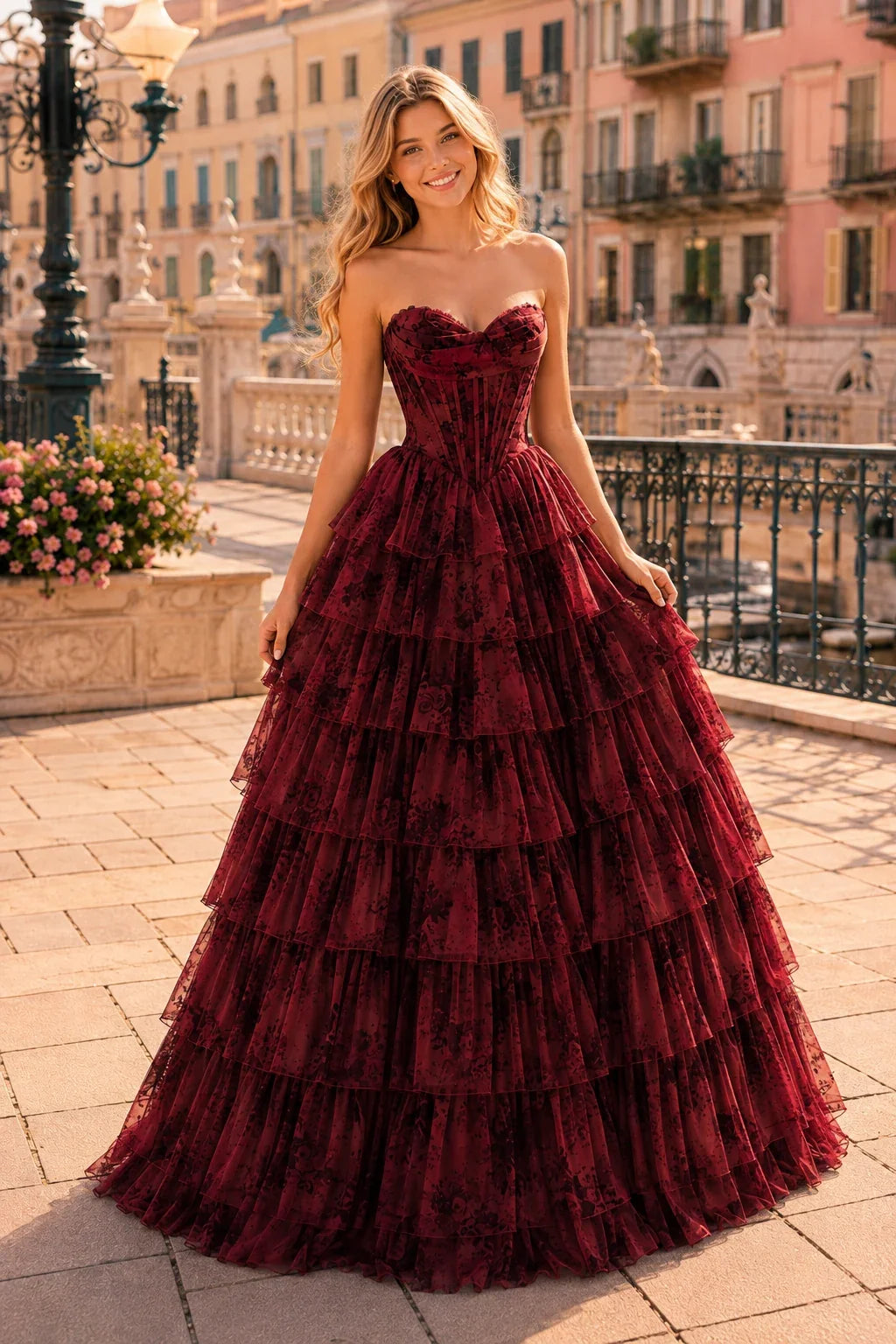 Genevieve Floral Sweetheart Tiered A-Line Prom Dress
