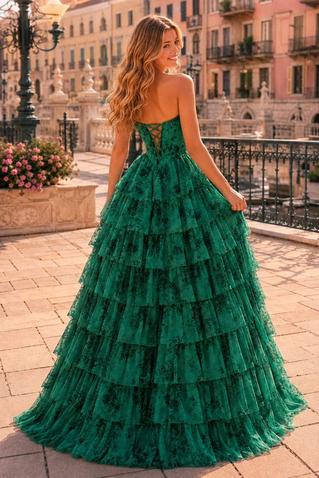 Genevieve Floral Sweetheart Tiered A-Line Prom Dress