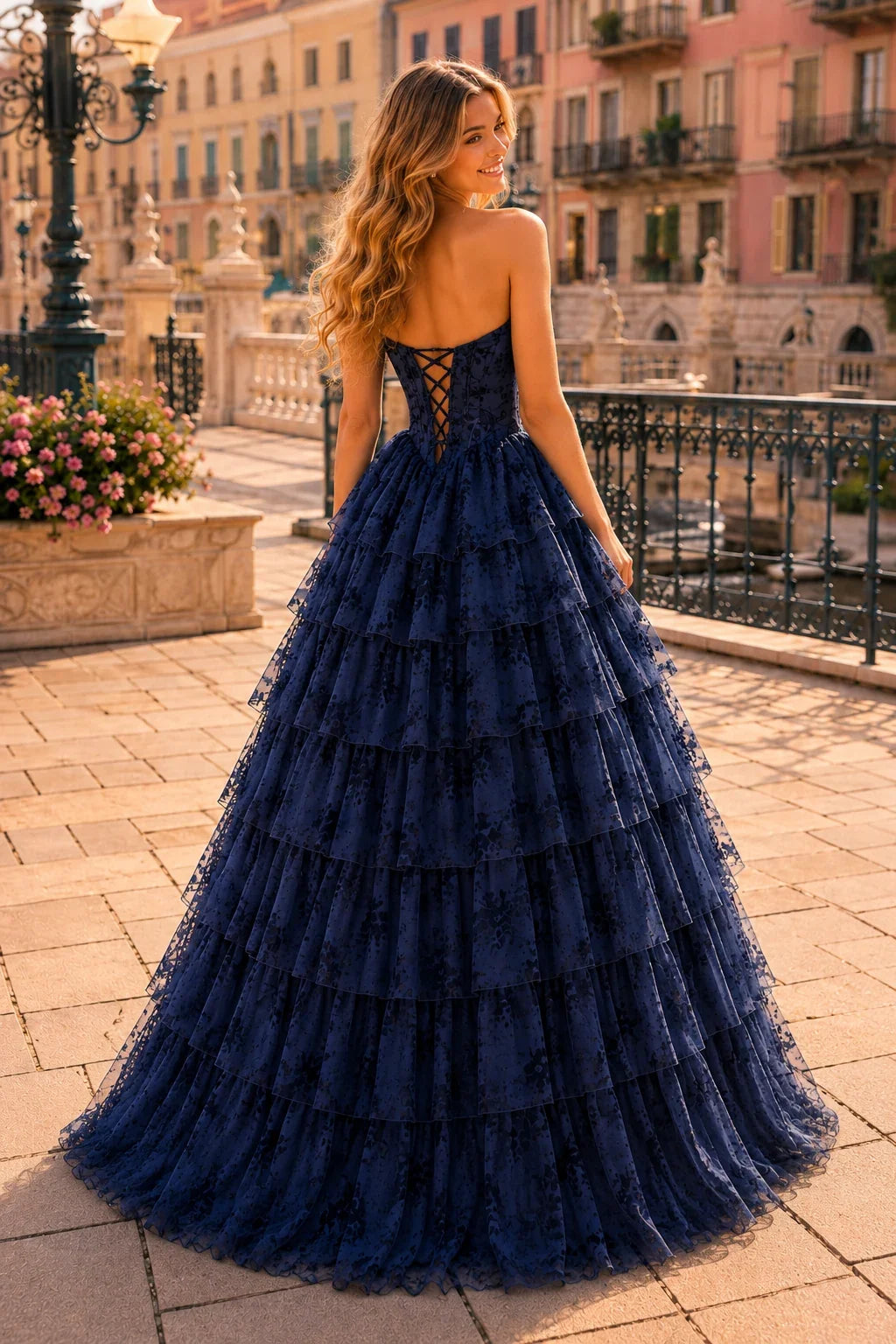 Genevieve Floral Sweetheart Tiered A-Line Prom Dress