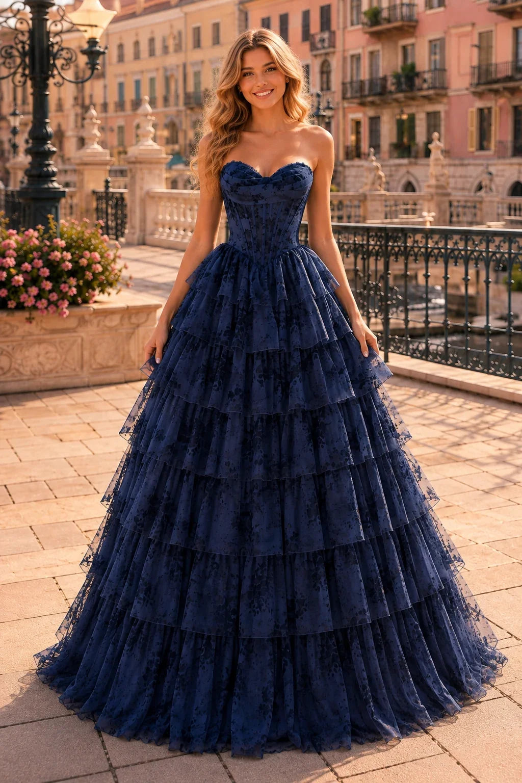 Genevieve Floral Sweetheart Tiered A-Line Prom Dress