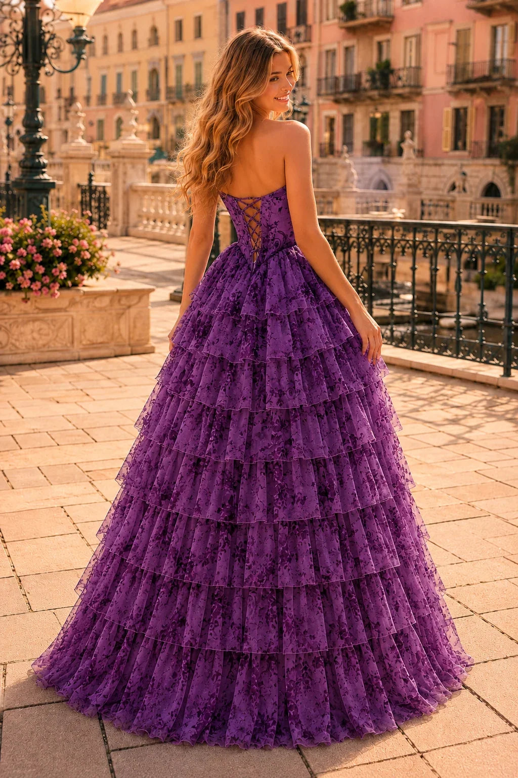 Genevieve Floral Sweetheart Tiered A-Line Prom Dress