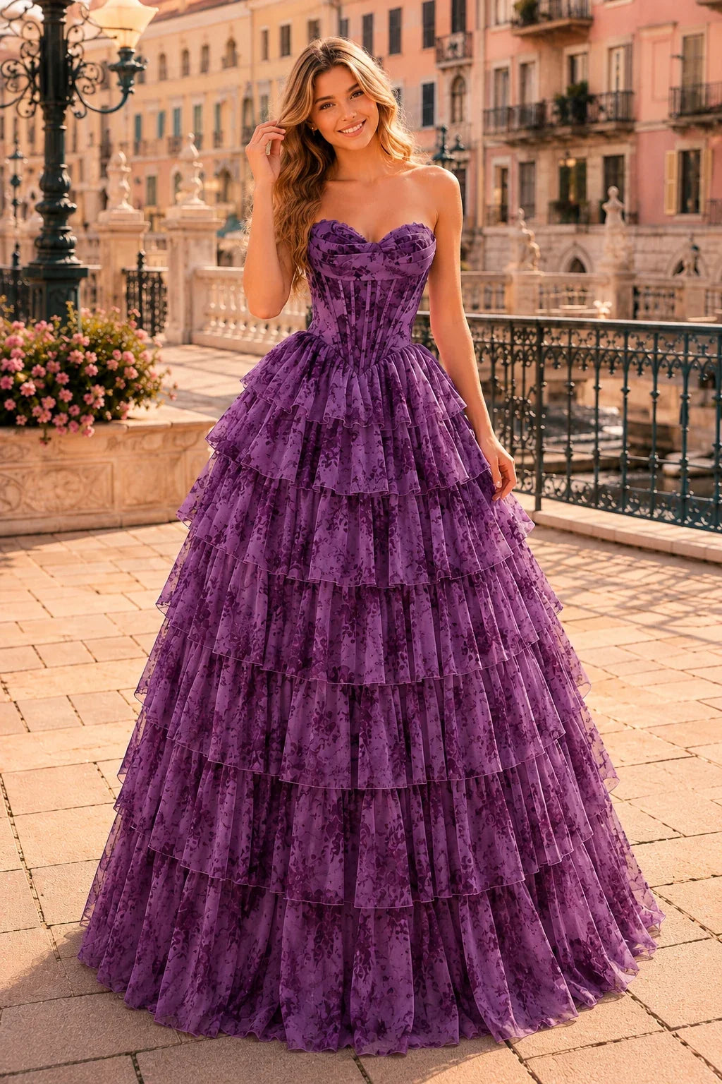 Genevieve Floral Sweetheart Tiered A-Line Prom Dress