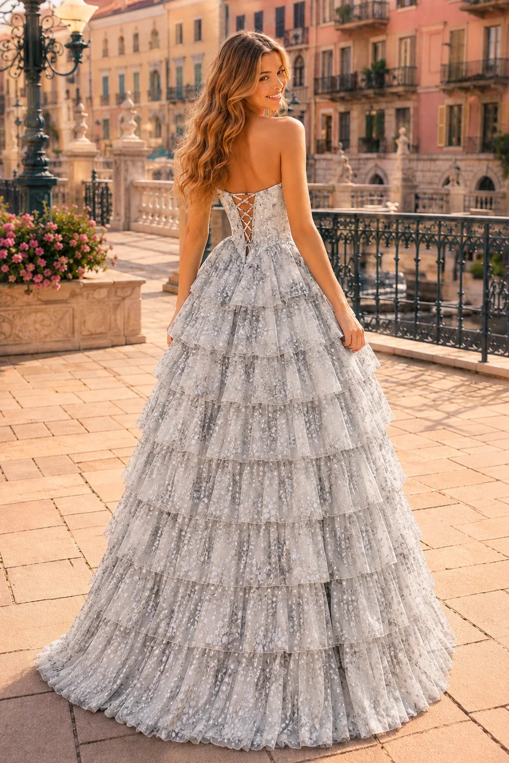 Genevieve Floral Sweetheart Tiered A-Line Prom Dress