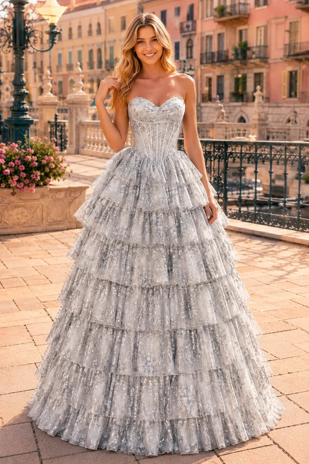 Genevieve Floral Sweetheart Tiered A-Line Prom Dress