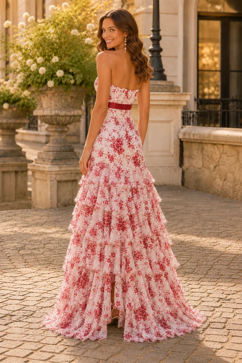 Alalina Floral Strapless Ruffle-Skirt A-Line Prom Dress
