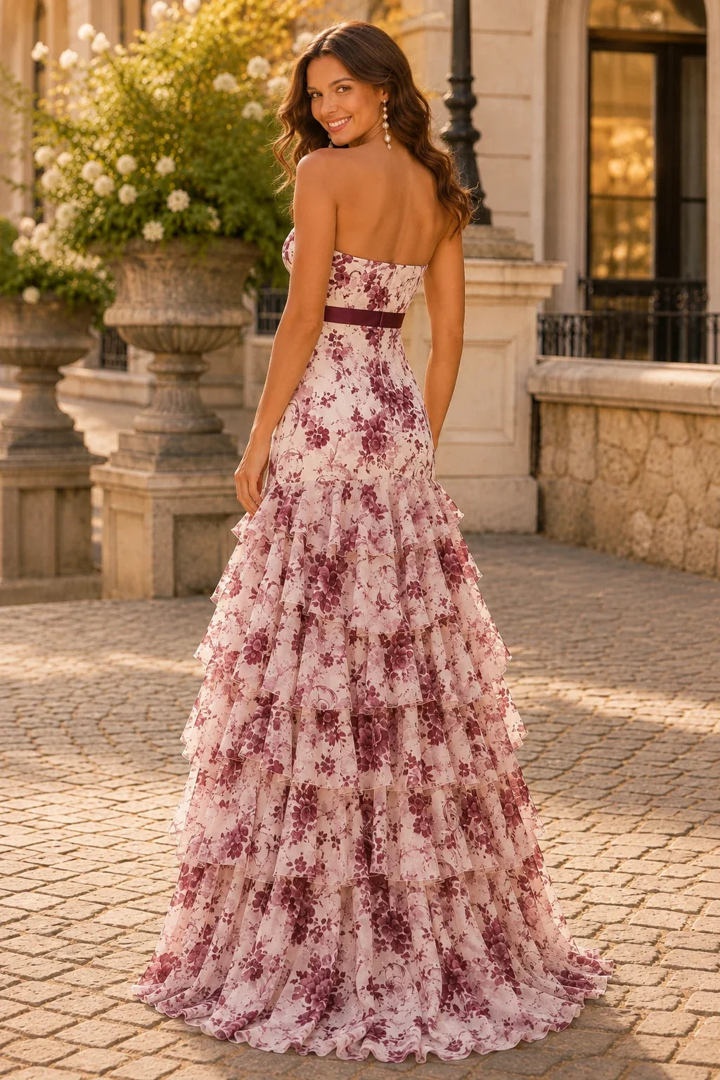 Alalina Floral Strapless Ruffle-Skirt A-Line Prom Dress