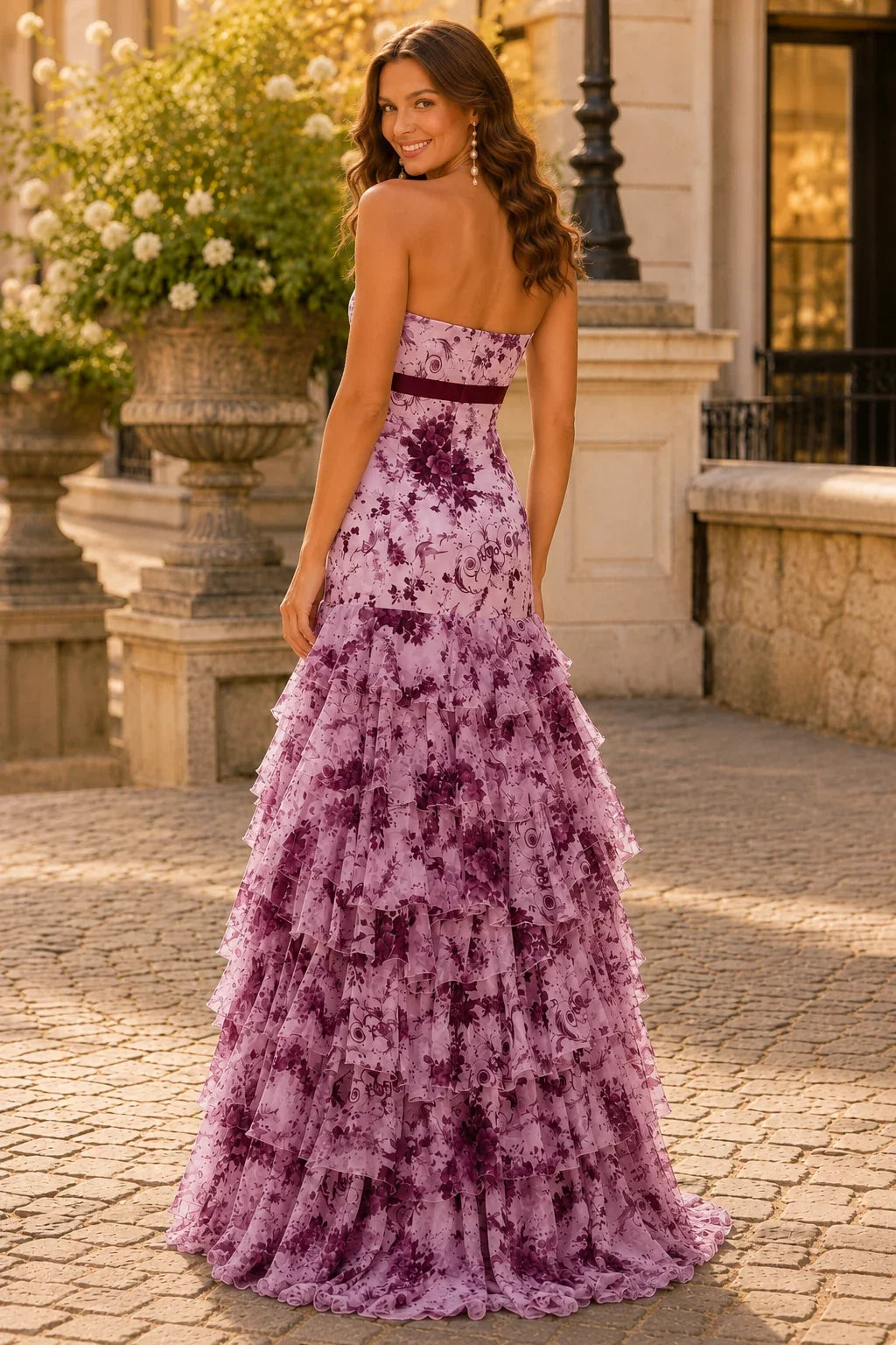 Alalina Floral Strapless Ruffle-Skirt A-Line Prom Dress