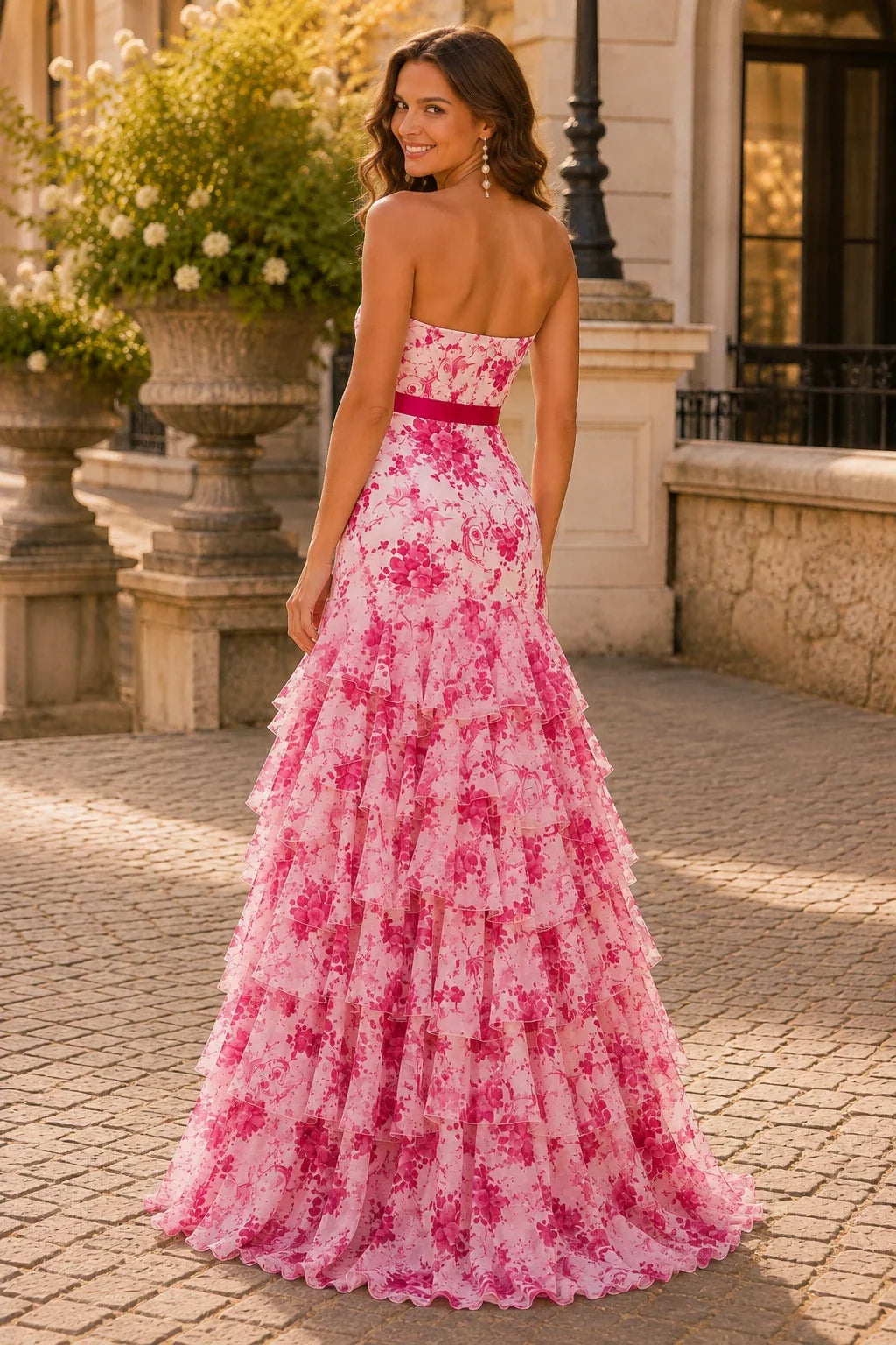 Alalina Floral Strapless Ruffle-Skirt A-Line Prom Dress