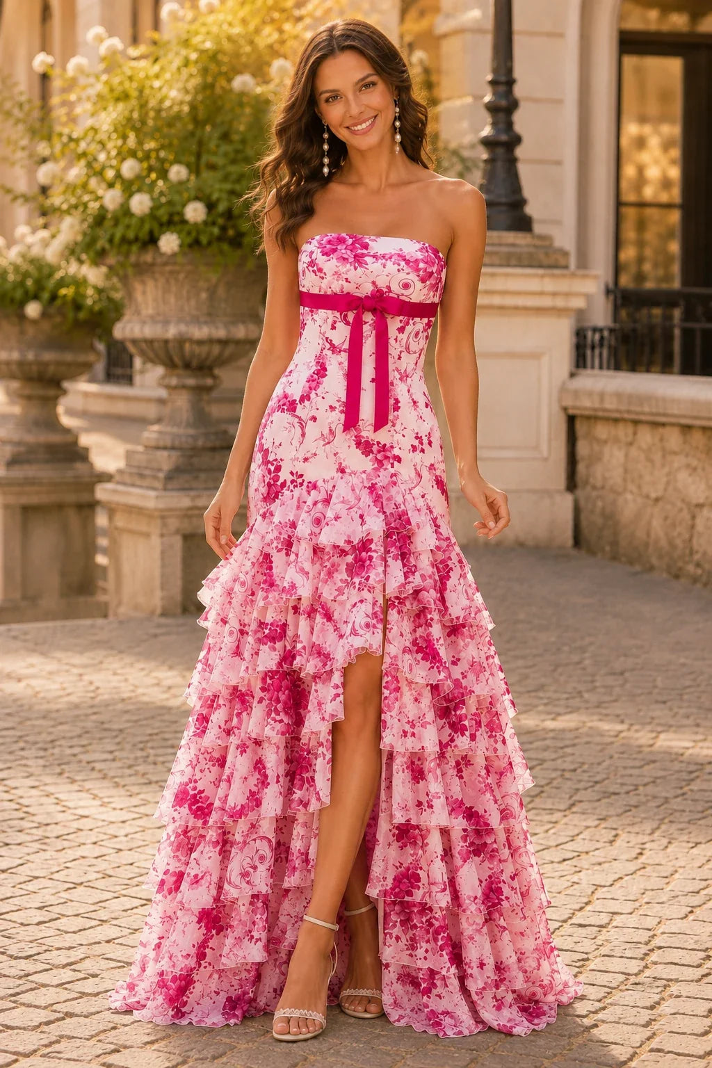 Alalina Floral Strapless Ruffle-Skirt A-Line Prom Dress