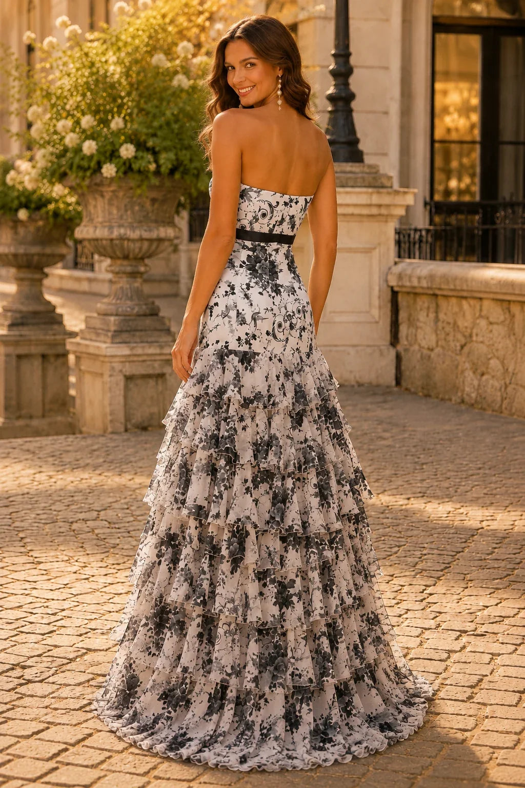 Alalina Floral Strapless Ruffle-Skirt A-Line Prom Dress