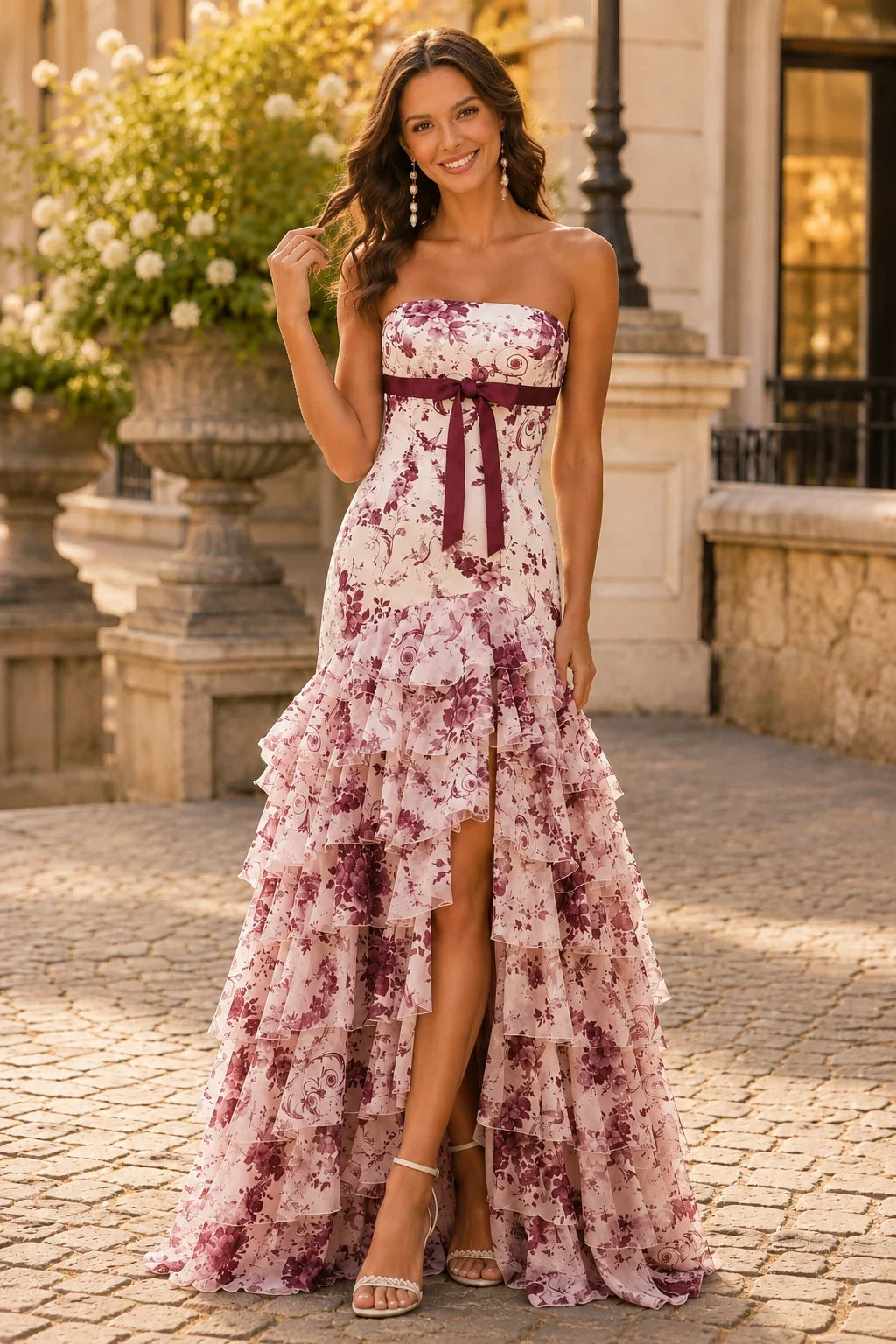 Alalina Floral Strapless Ruffle-Skirt A-Line Prom Dress