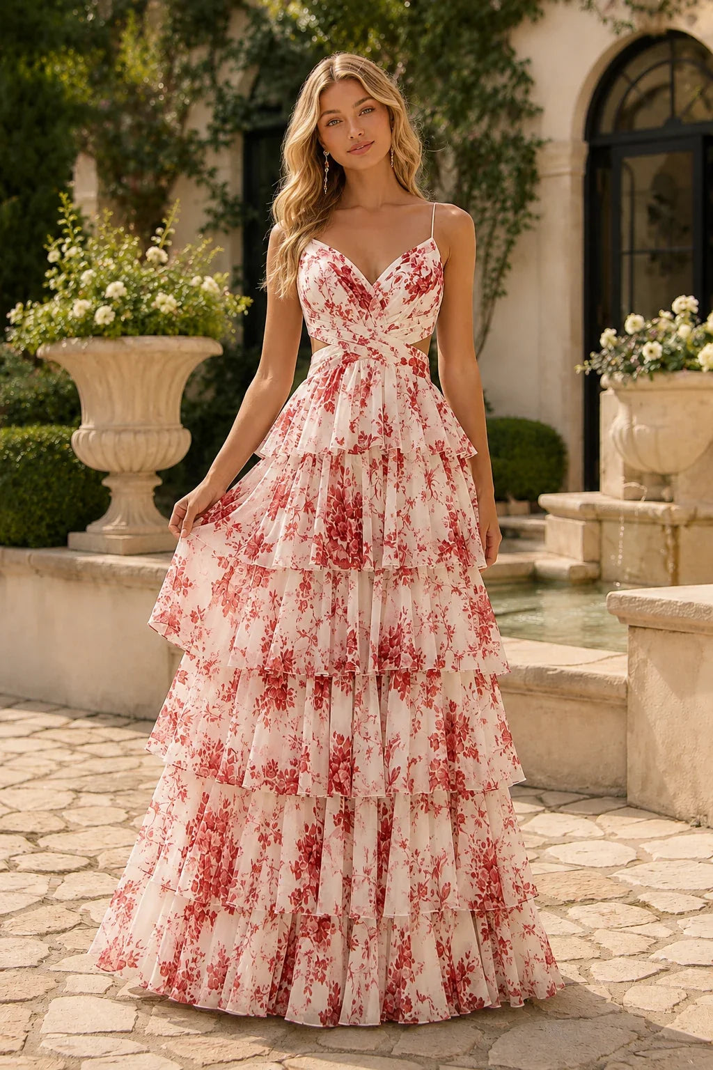 Alabelle Floral V-Neck Tiered A-Line Prom Dress