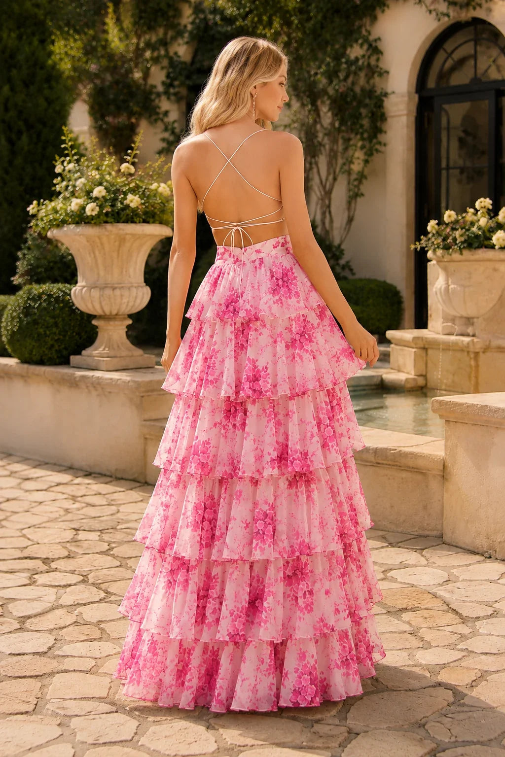 Alabelle Floral V-Neck Tiered A-Line Prom Dress