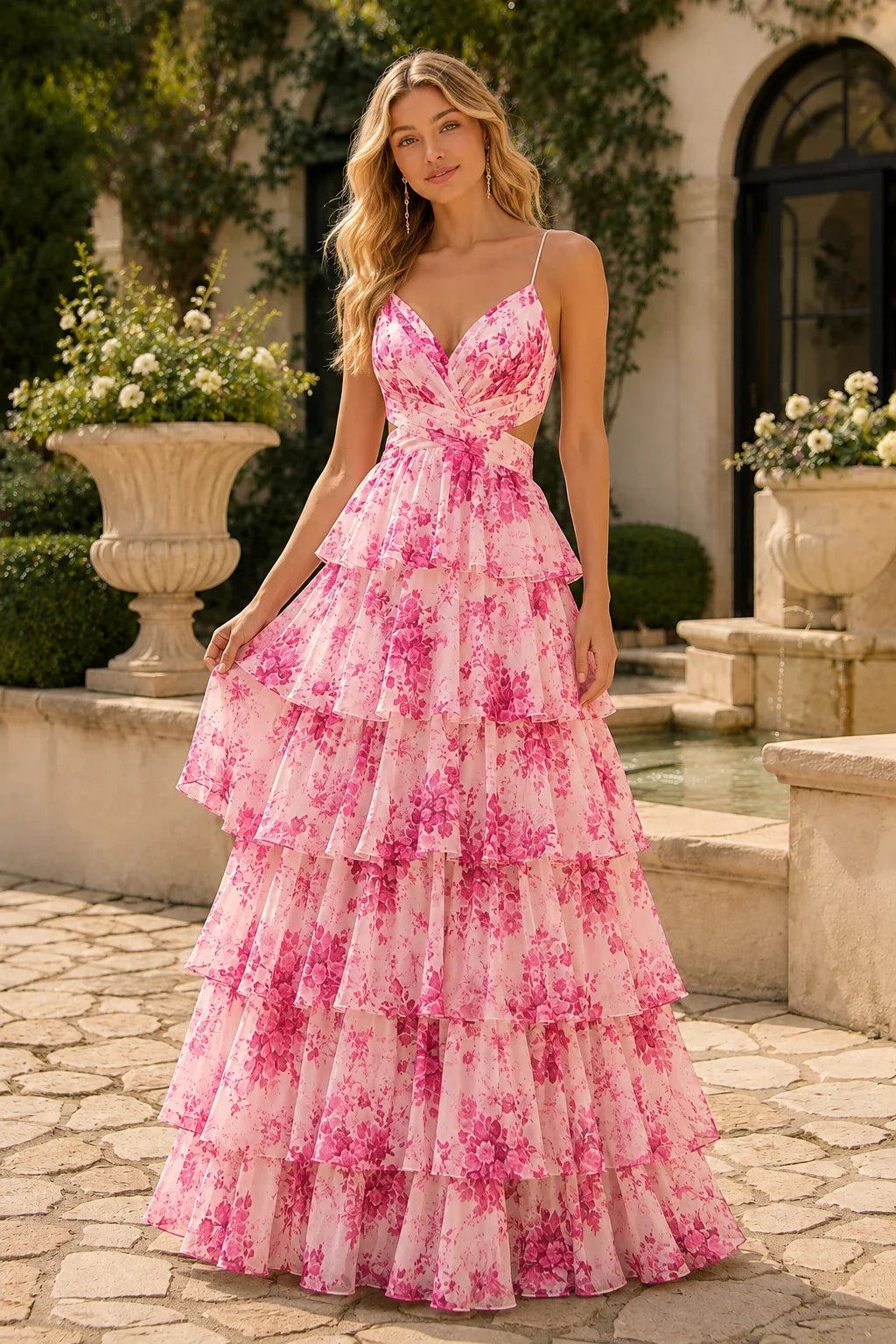 Alabelle Floral V-Neck Tiered A-Line Prom Dress