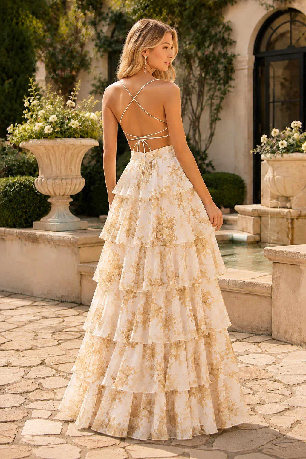 Alabelle Floral V-Neck Tiered A-Line Prom Dress