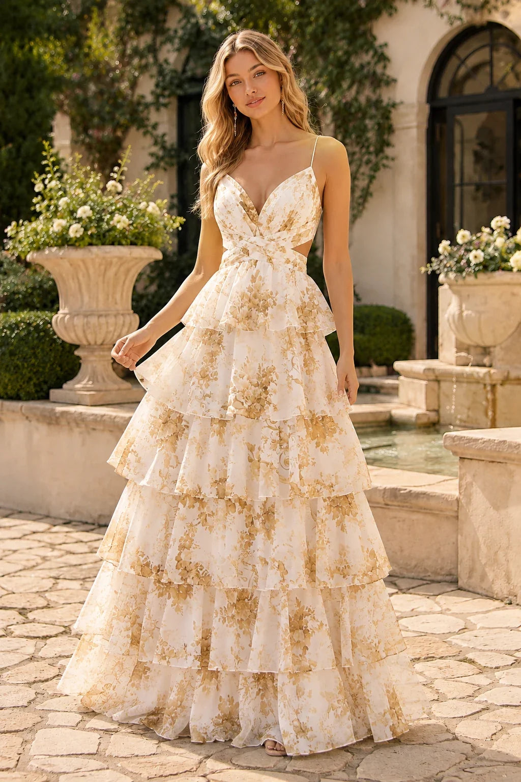 Alabelle Floral V-Neck Tiered A-Line Prom Dress