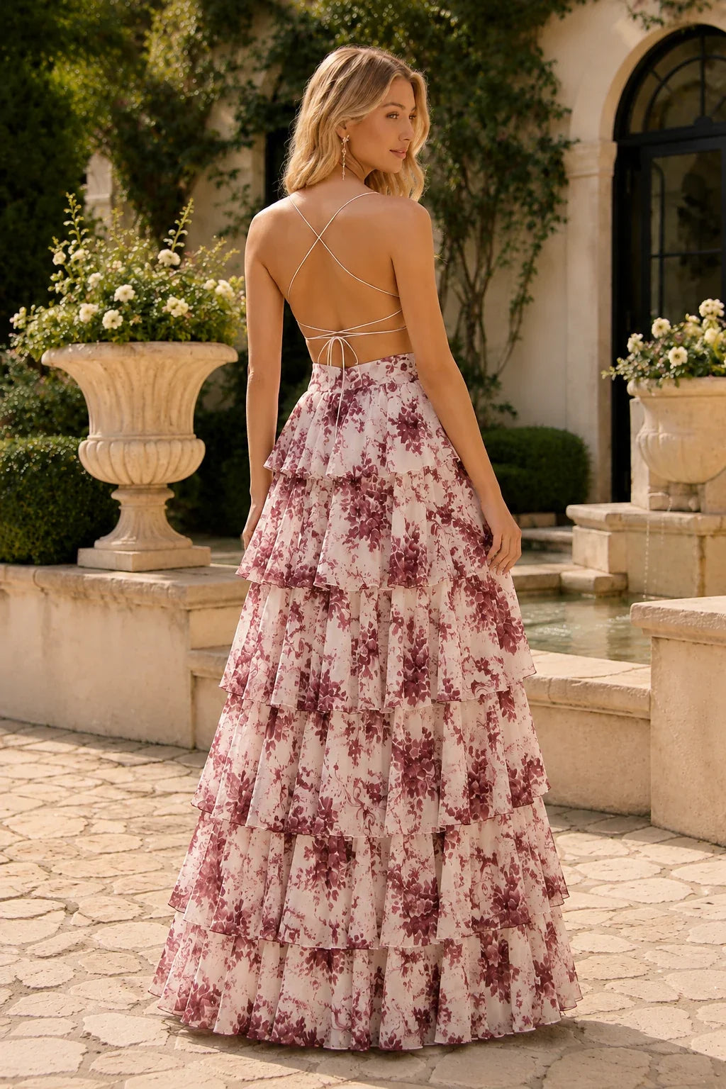 Alabelle Floral V-Neck Tiered A-Line Prom Dress