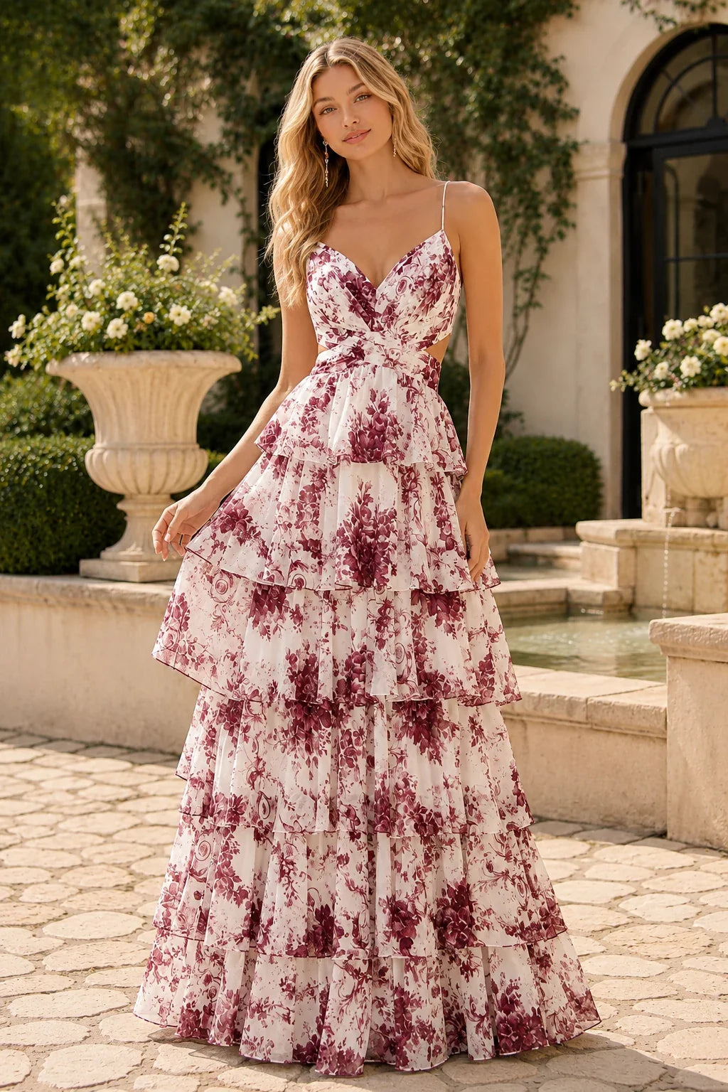 Alabelle Floral V-Neck Tiered A-Line Prom Dress