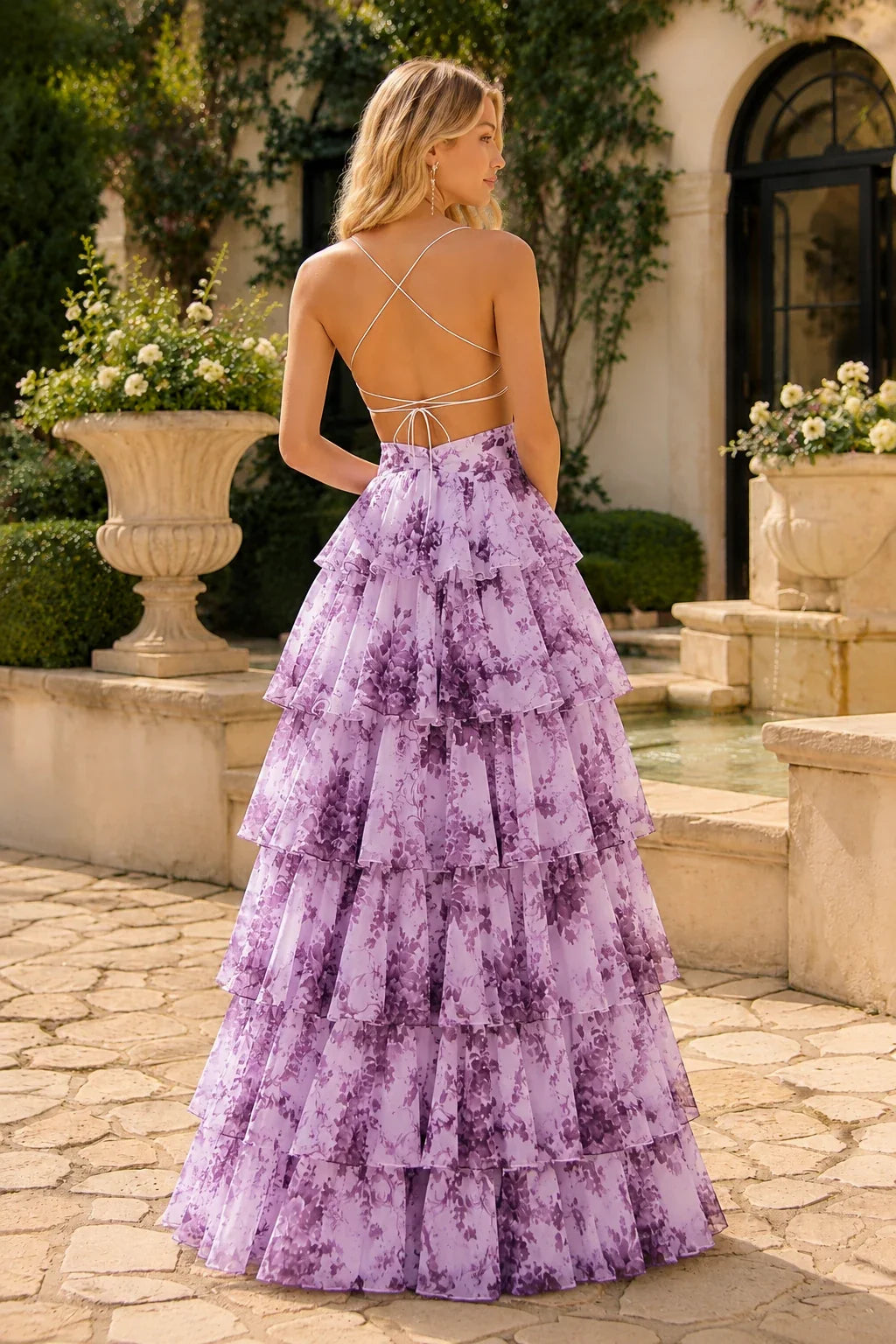 Alabelle Floral V-Neck Tiered A-Line Prom Dress