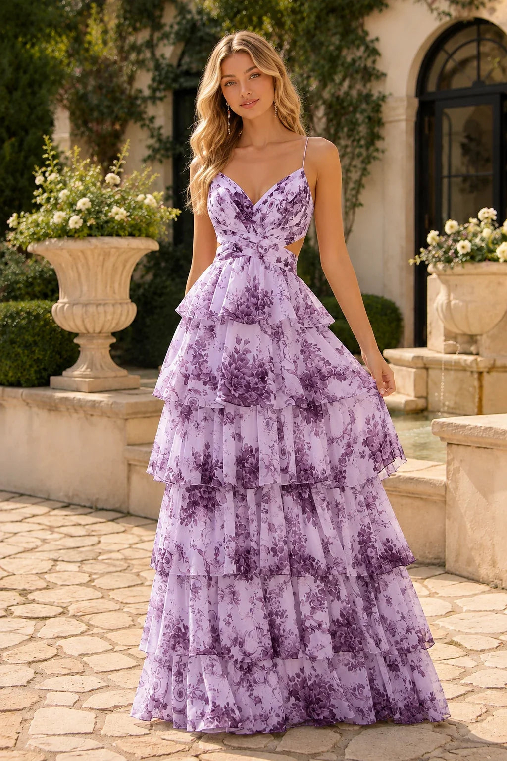 Alabelle Floral V-Neck Tiered A-Line Prom Dress