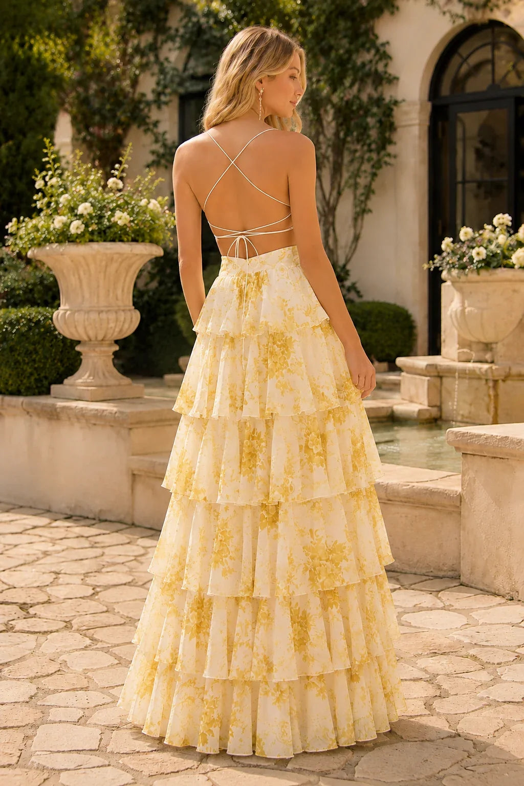 Alabelle Floral V-Neck Tiered A-Line Prom Dress