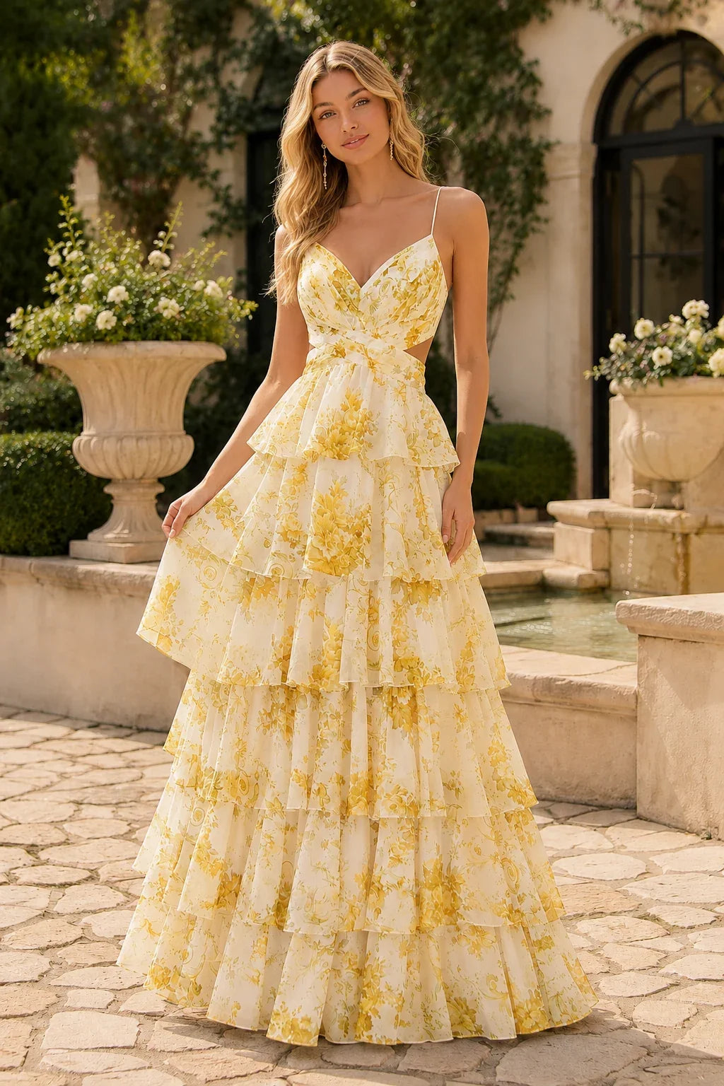 Alabelle Floral V-Neck Tiered A-Line Prom Dress