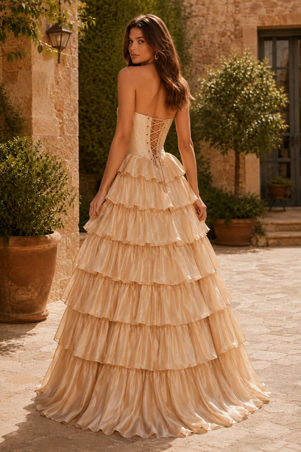 Evangeline Print Sweetheart Tiered A-Line Prom Dress