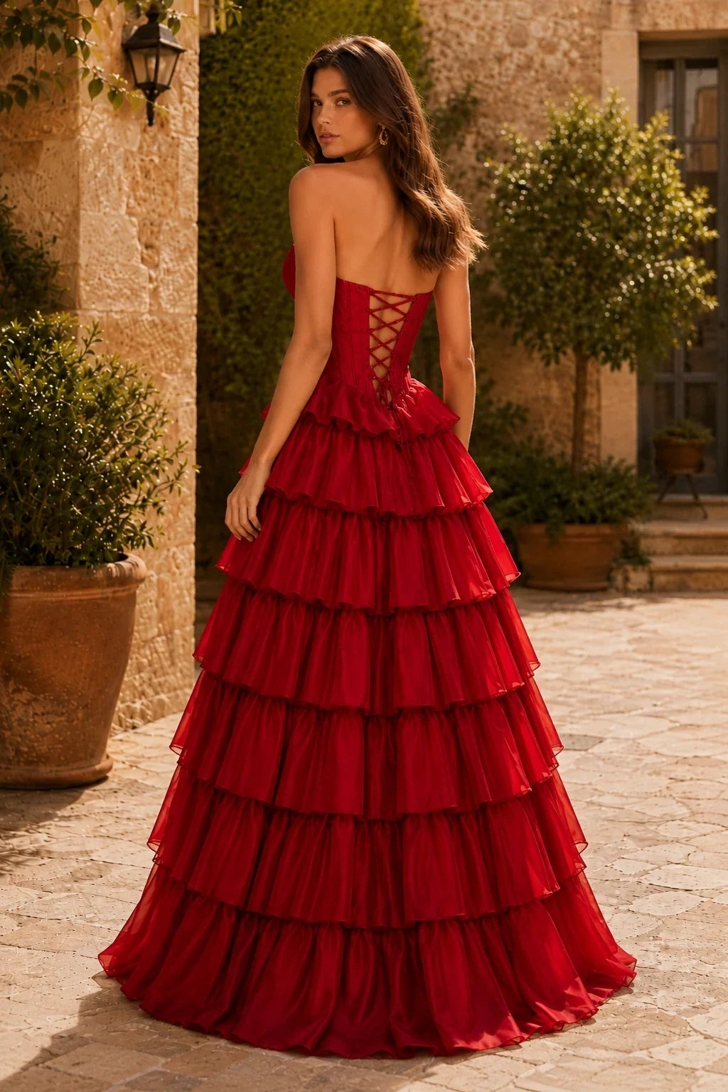 Evangeline Print Sweetheart Tiered A-Line Prom Dress