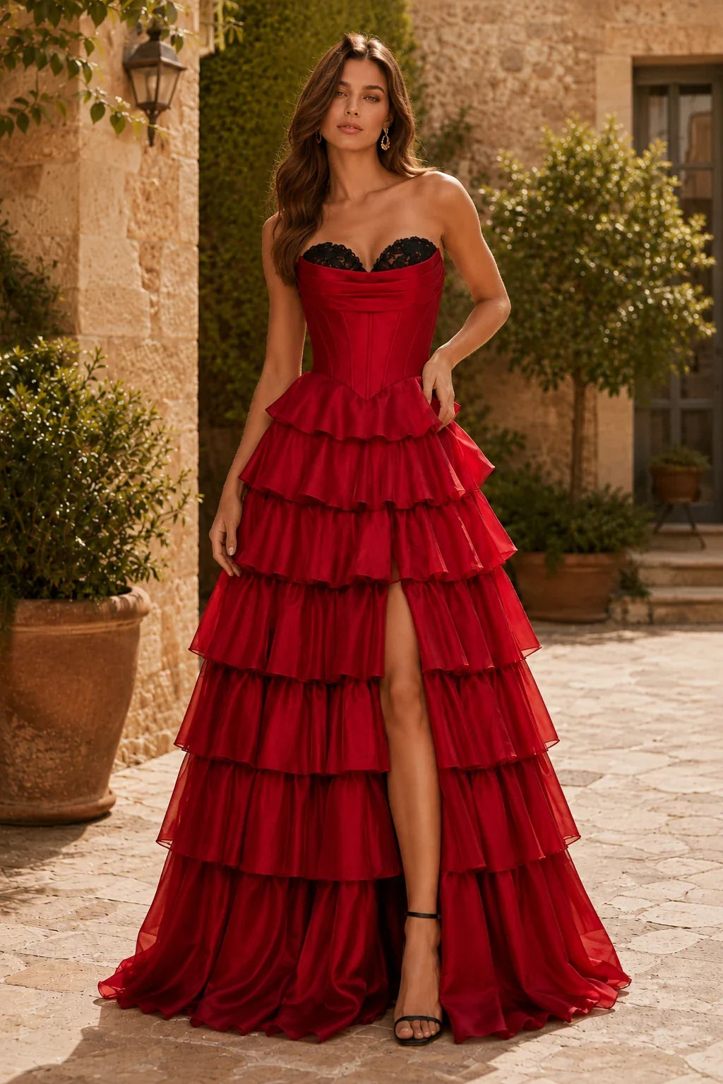 Evangeline Print Sweetheart Tiered A-Line Prom Dress