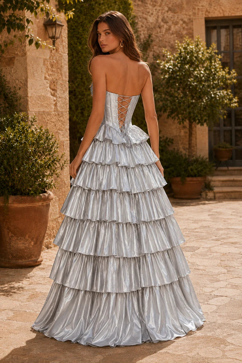 Evangeline Print Sweetheart Tiered A-Line Prom Dress