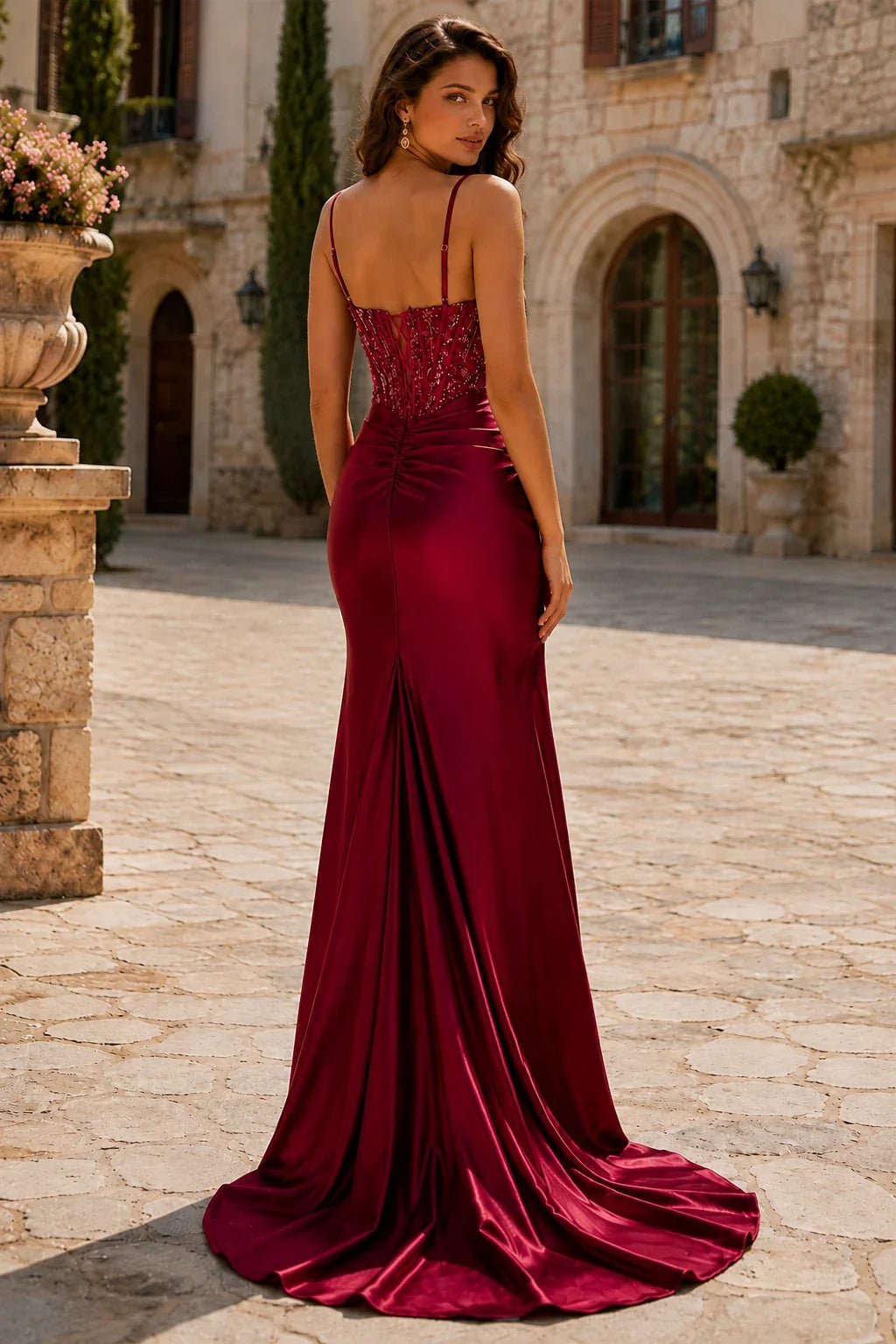 Auralisse Beaded Corset Ruched Mermaid Prom Dress with Slit