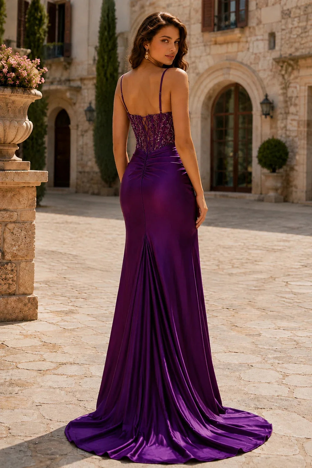 Auralisse Beaded Corset Ruched Mermaid Prom Dress with Slit