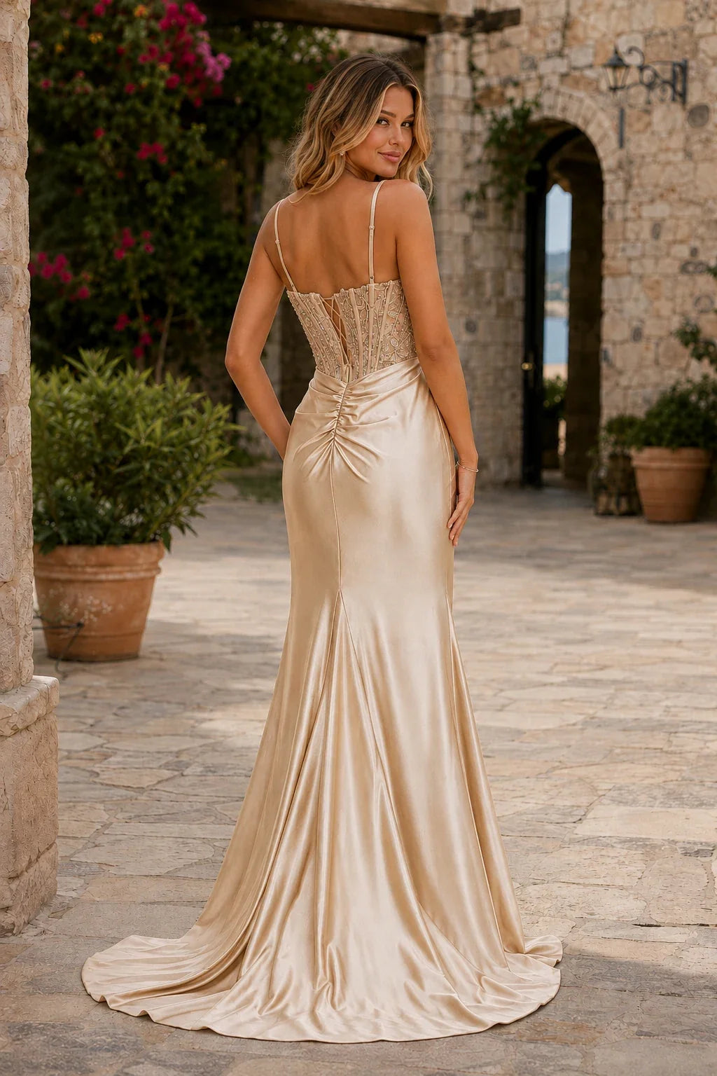 Bellora Beaded Corset Ruched Mermaid Prom Dress with Slit