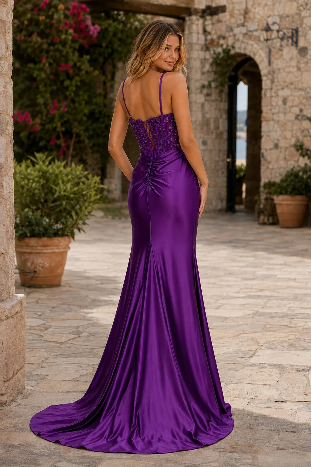 Bellora Beaded Corset Ruched Mermaid Prom Dress with Slit