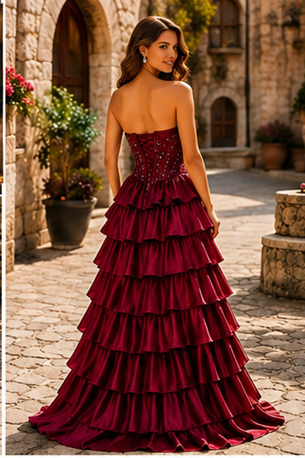 Cazelle Strapless Tiered Ruffle Ball Gown Prom Dress with Slit