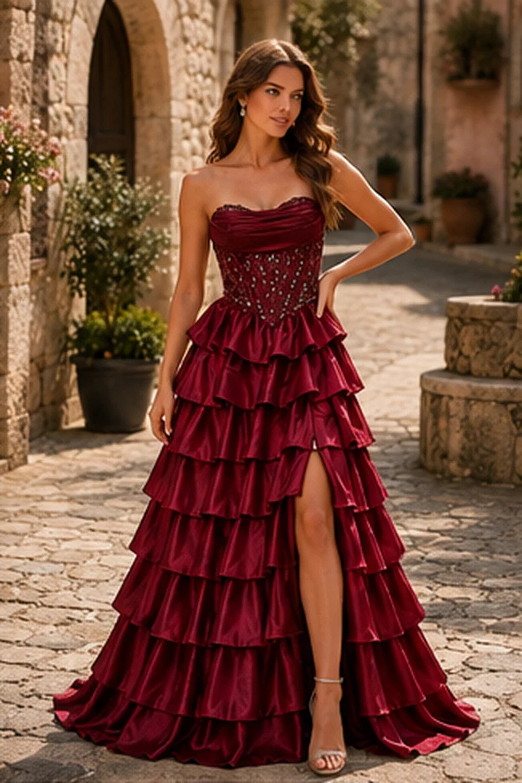 Cazelle Strapless Tiered Ruffle Ball Gown Prom Dress with Slit