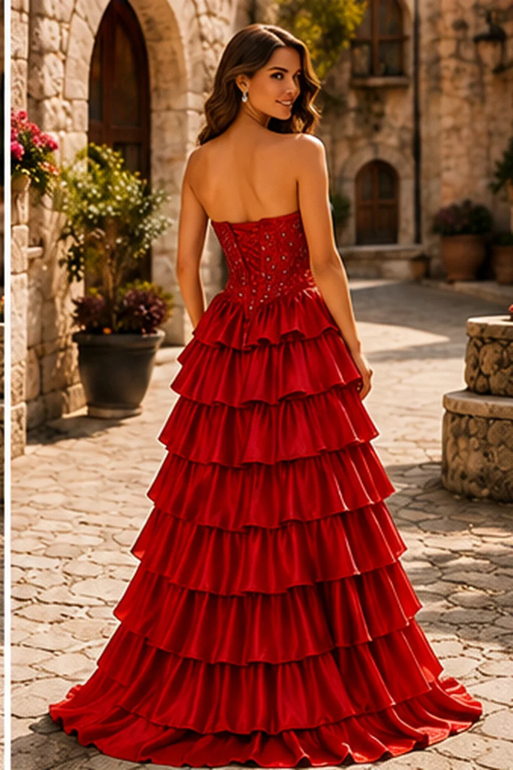 Cazelle Strapless Tiered Ruffle Ball Gown Prom Dress with Slit