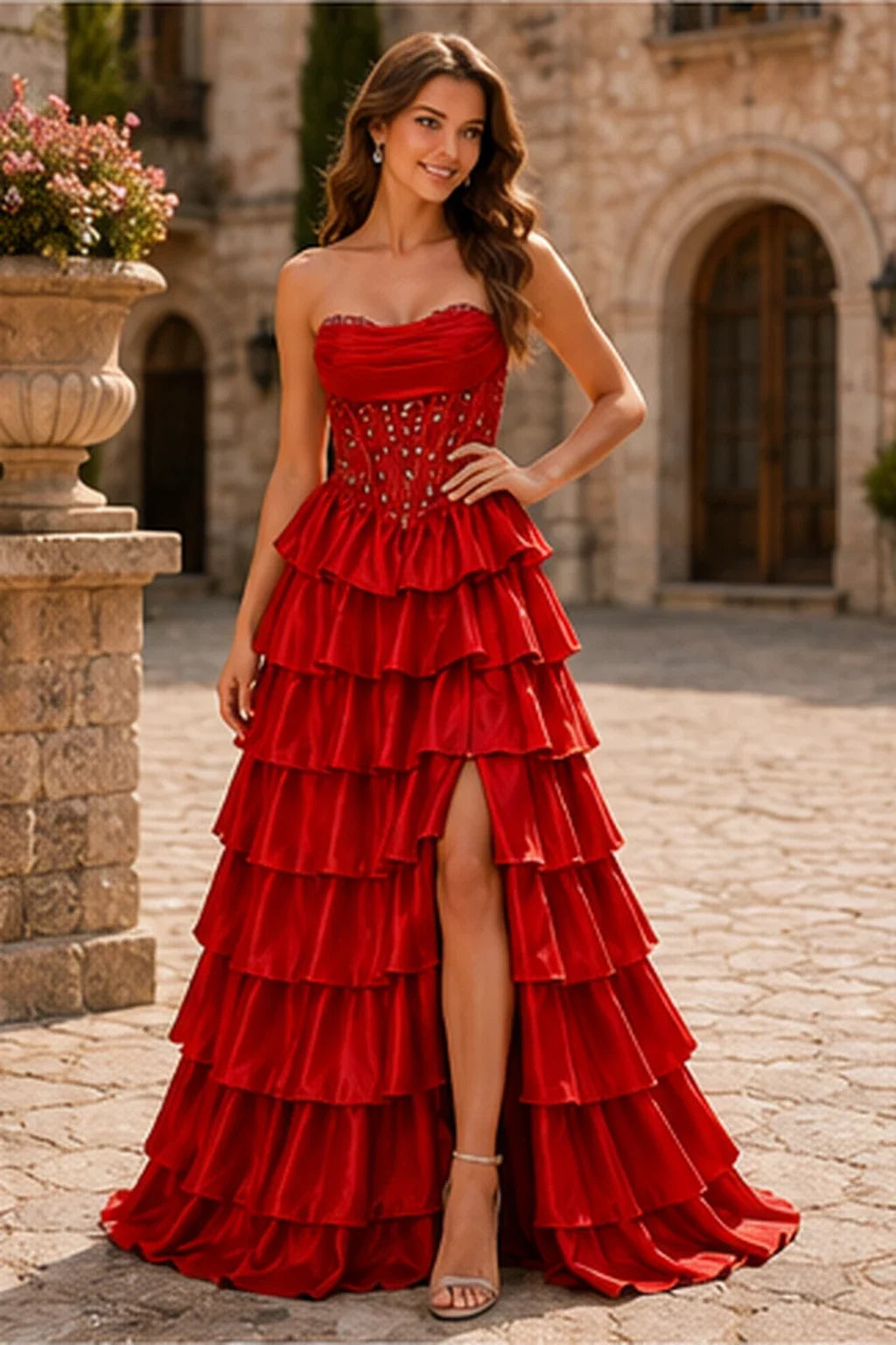 Cazelle Strapless Tiered Ruffle Ball Gown Prom Dress with Slit