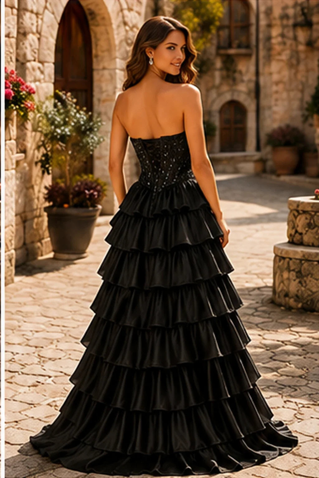 Cazelle Strapless Tiered Ruffle Ball Gown Prom Dress with Slit