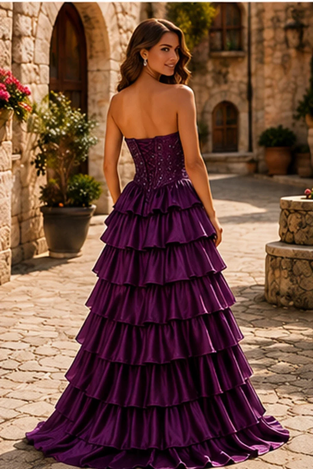 Cazelle Strapless Tiered Ruffle Ball Gown Prom Dress with Slit