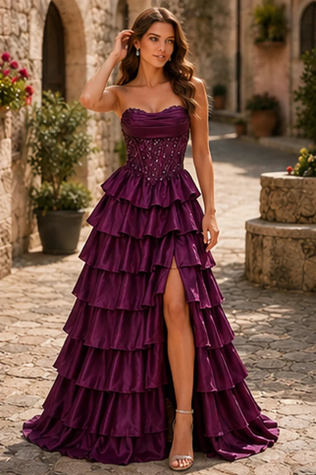Cazelle Strapless Tiered Ruffle Ball Gown Prom Dress with Slit