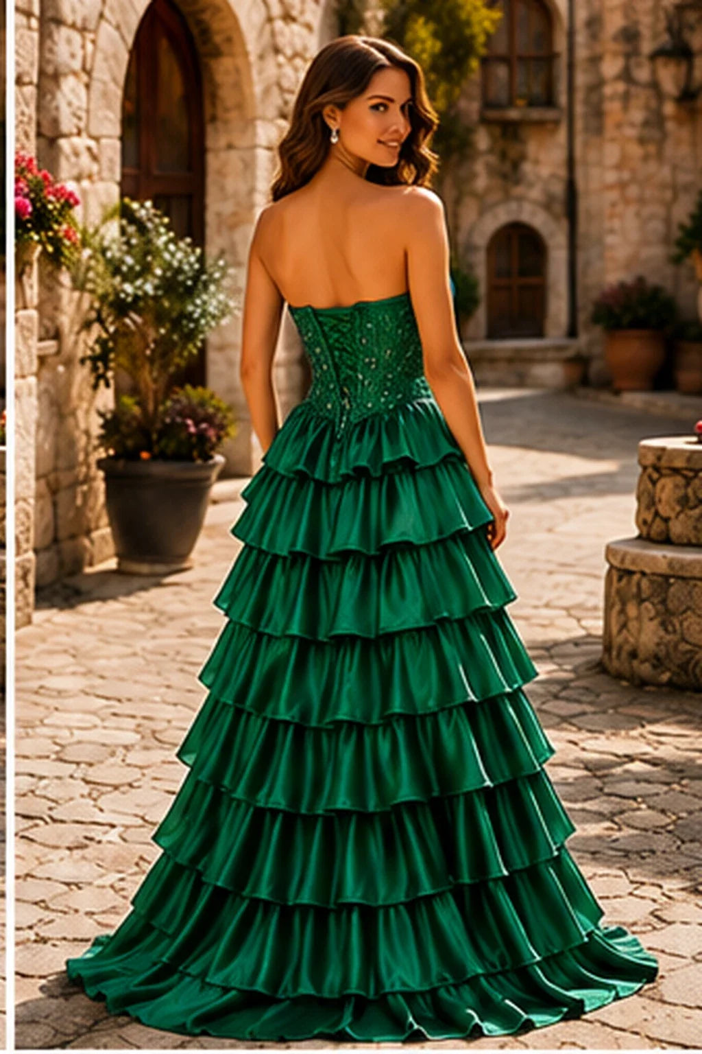 Cazelle Strapless Tiered Ruffle Ball Gown Prom Dress with Slit