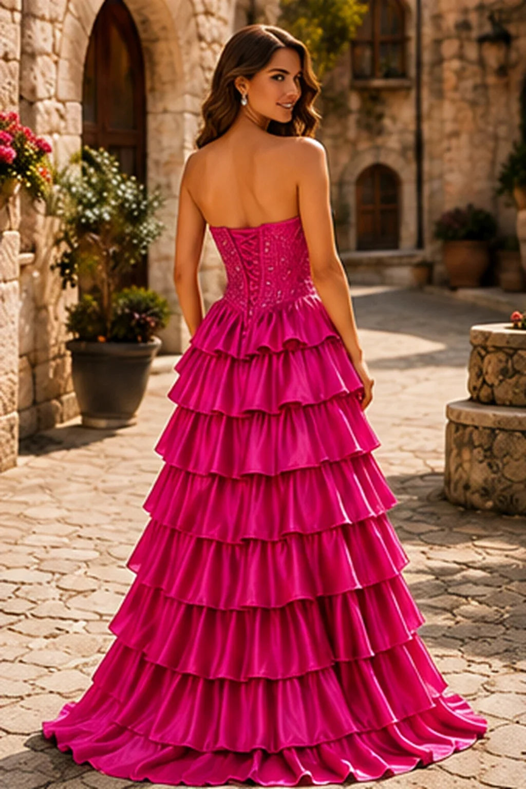 Cazelle Strapless Tiered Ruffle Ball Gown Prom Dress with Slit