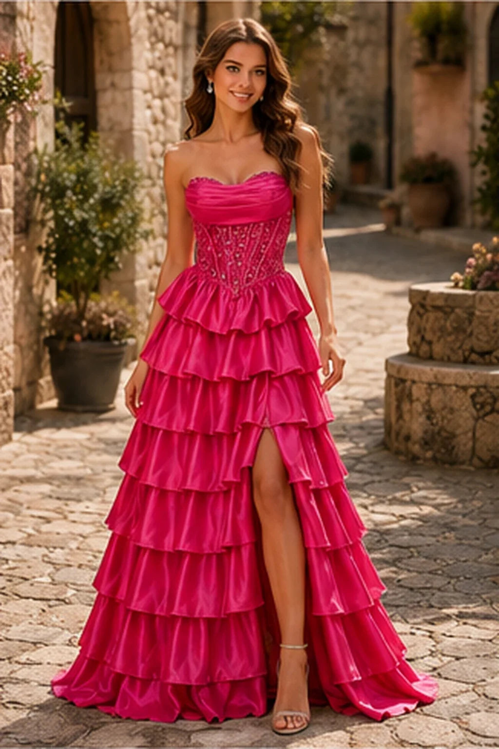 Cazelle Strapless Tiered Ruffle Ball Gown Prom Dress with Slit