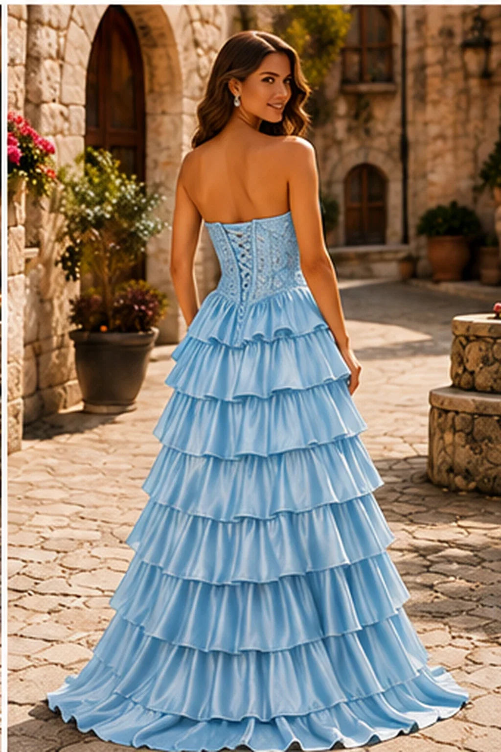 Cazelle Strapless Tiered Ruffle Ball Gown Prom Dress with Slit